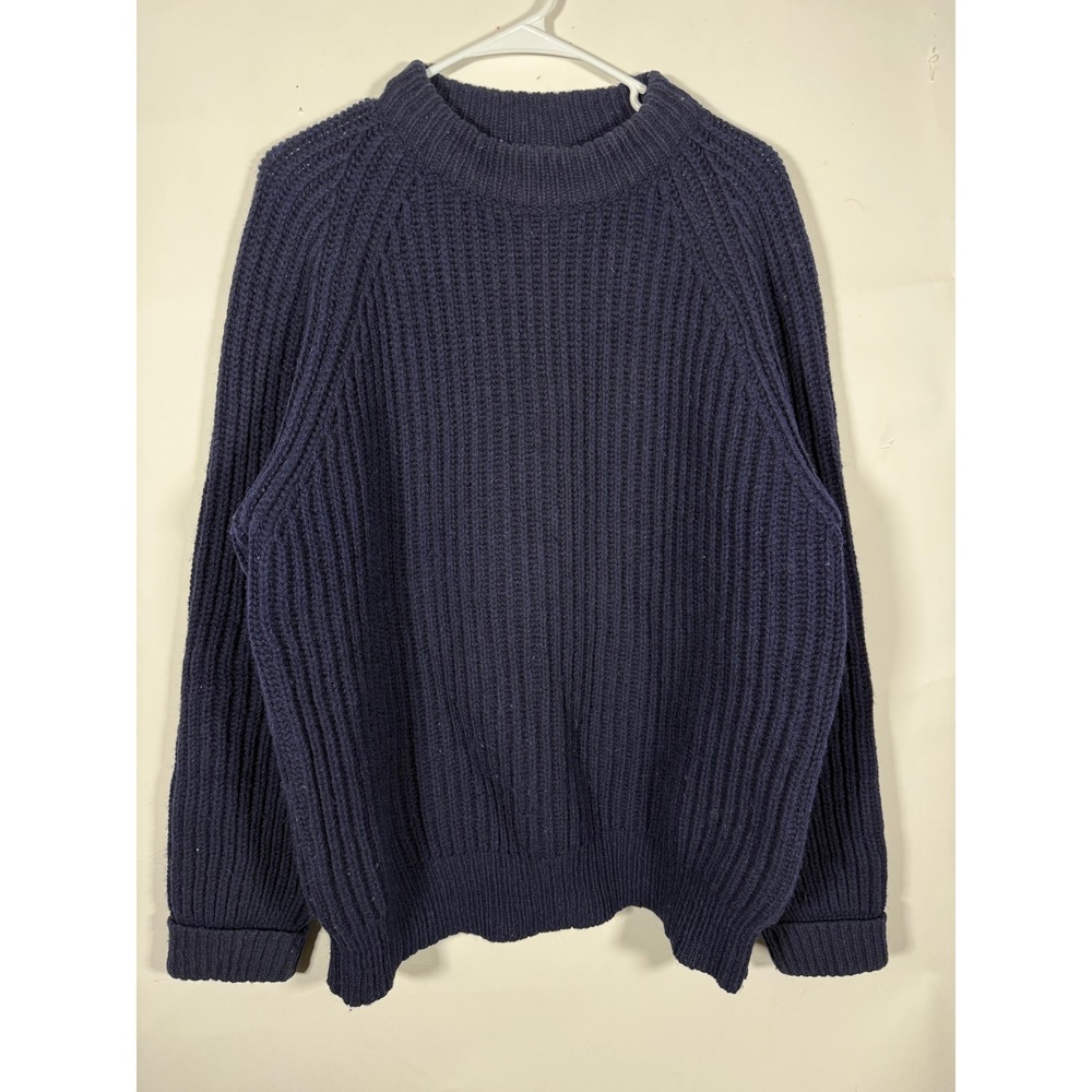 Lands End Vintage Navy Blue 100% Wool Shaker Knit Sweater Mens Made in UK
